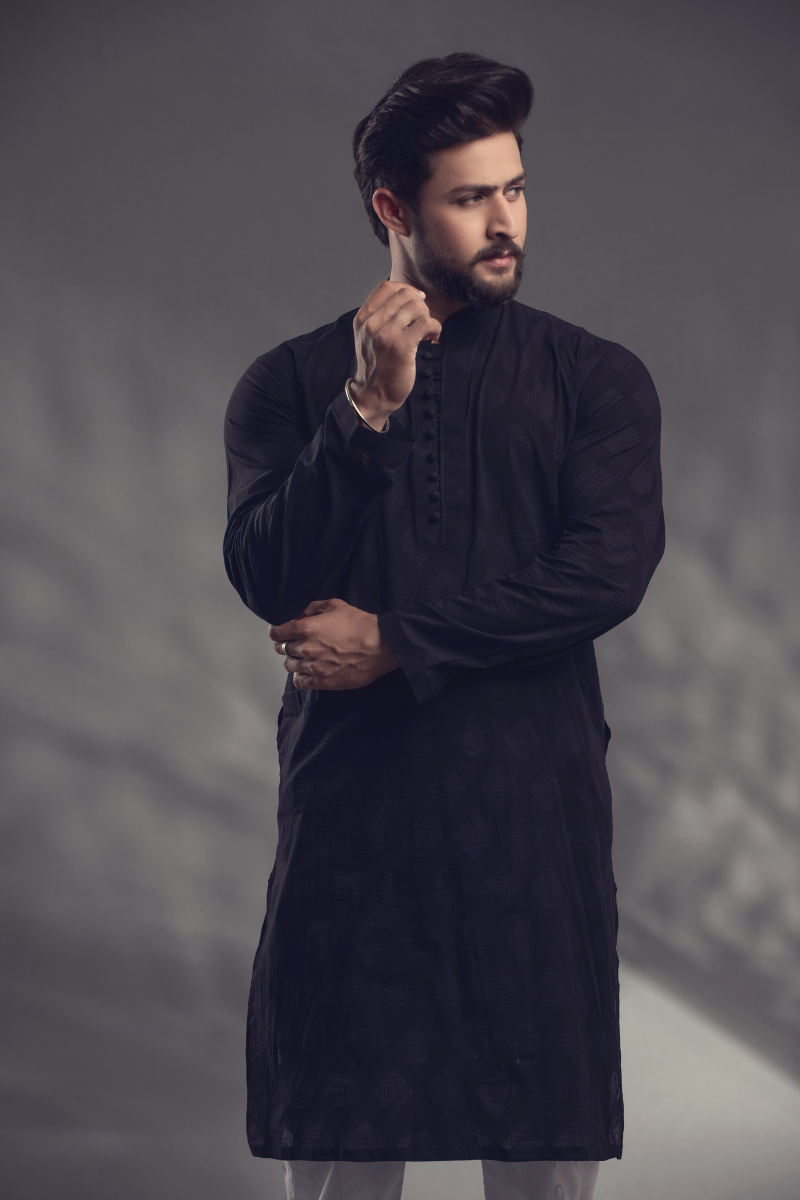 Black Jacquard Straight-Cut Kurta Pajama (2-Piece) - Image 2
