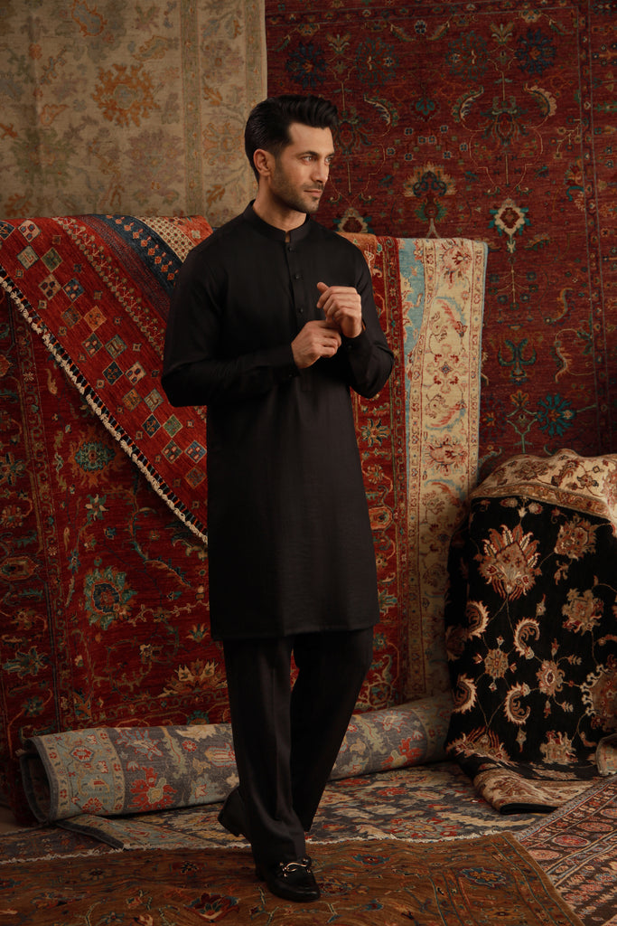 Black Linen Sherwani-Collar Kurta Pajama (2-Piece) - Image 1