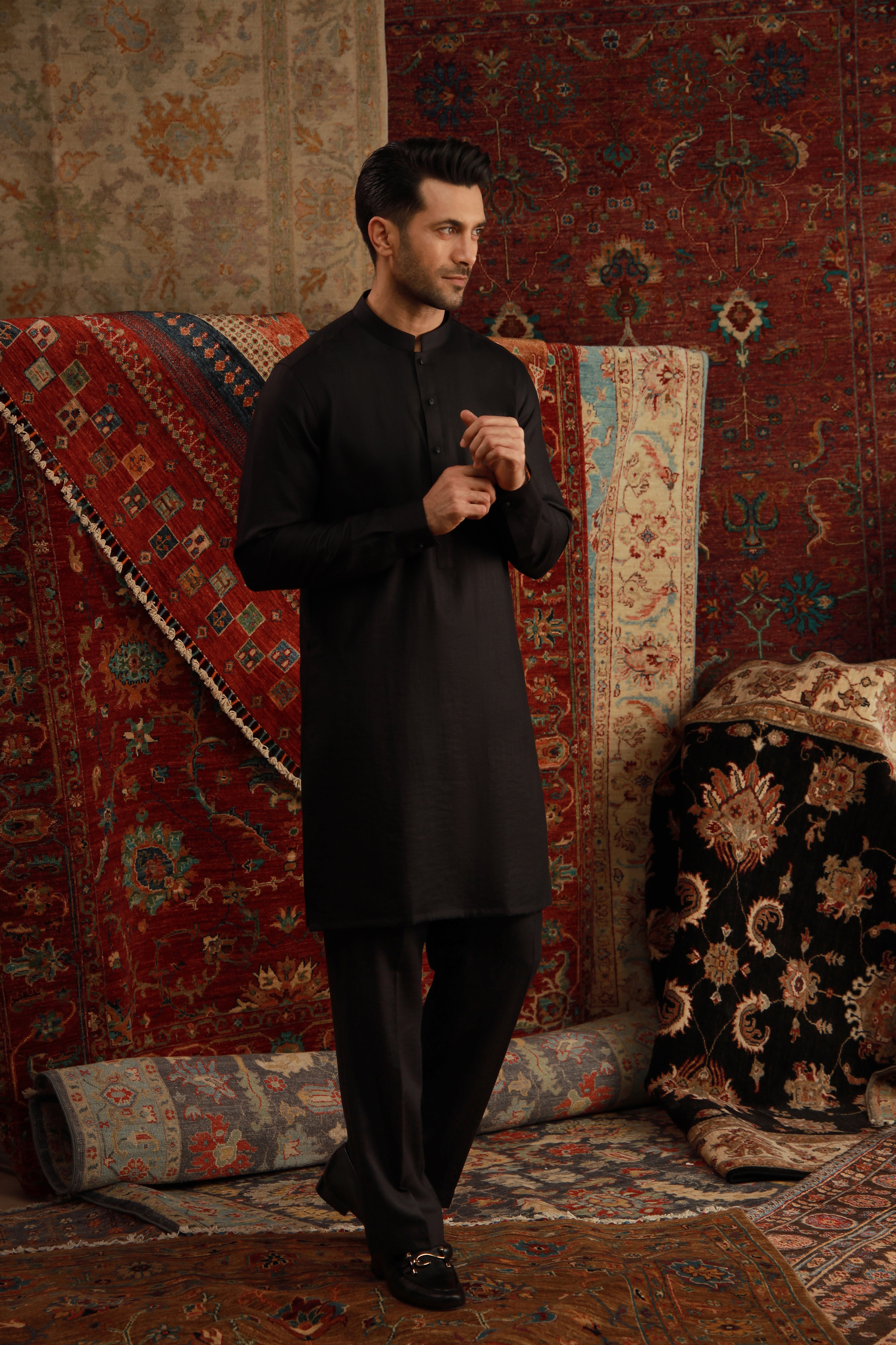 Black Linen Sherwani-Collar Kurta Pajama (2-Piece) - Image 2