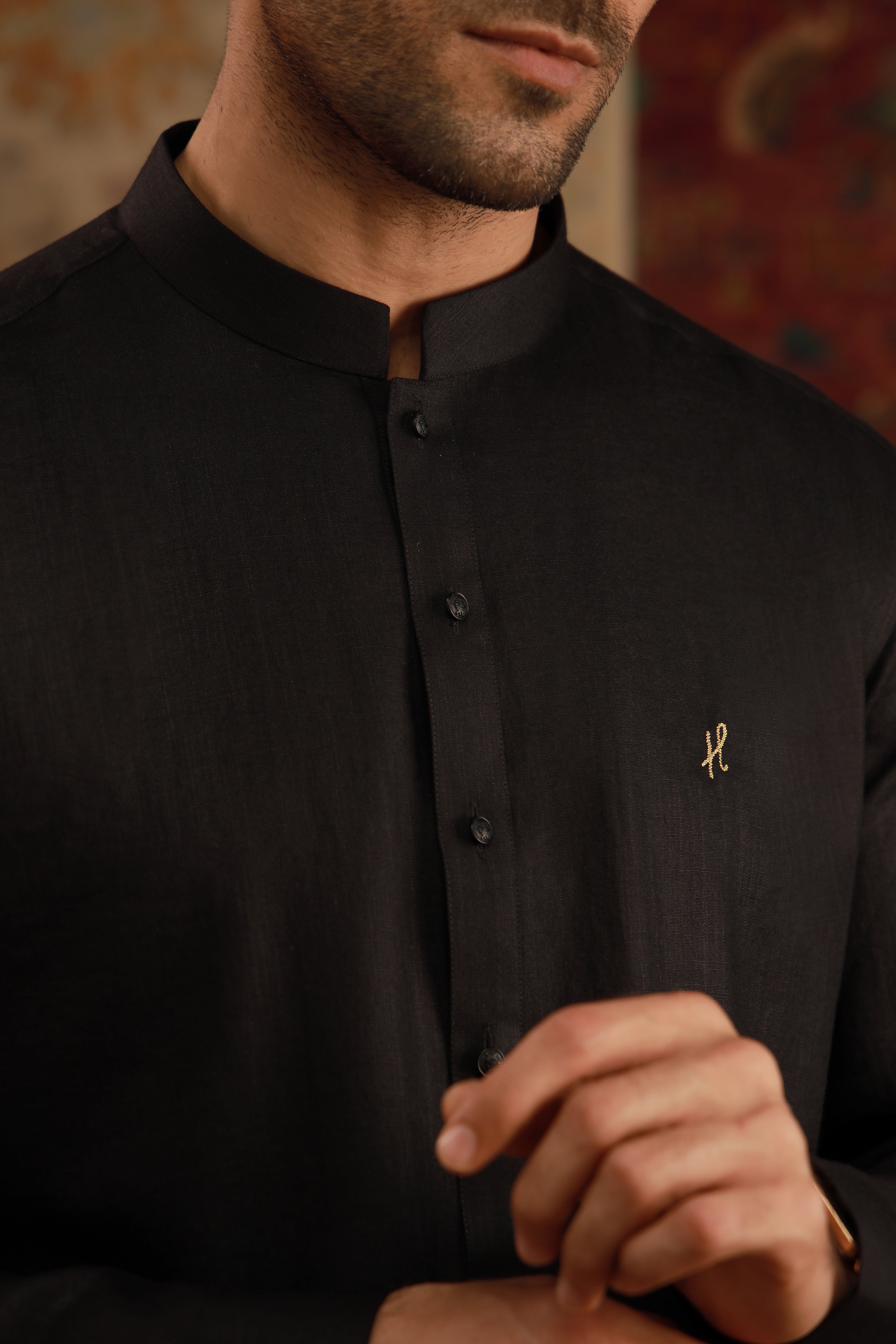 Black Linen Sherwani-Collar Kurta Pajama (2-Piece) - Image 3