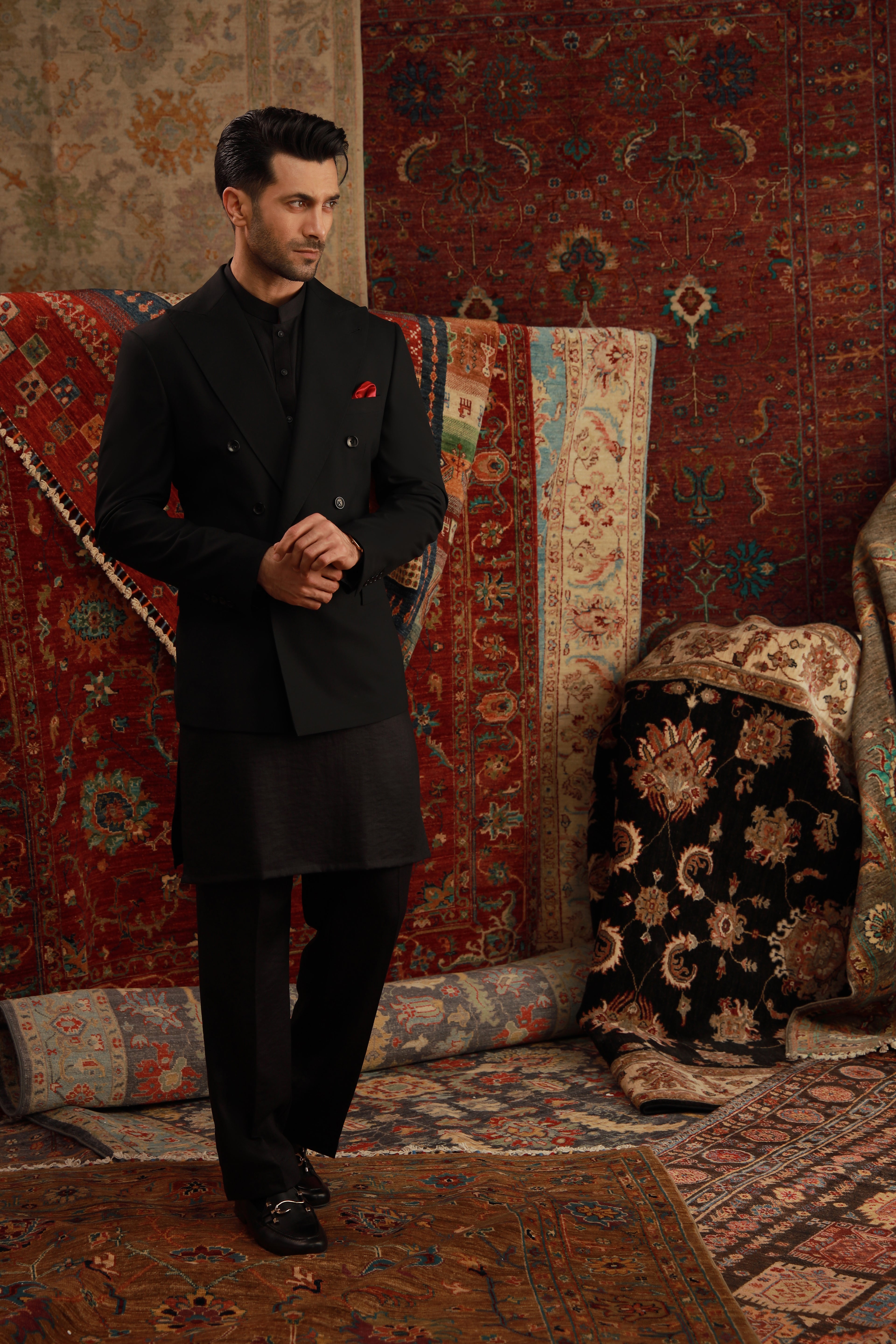 Black Linen Sherwani-Collar Kurta Pajama (2-Piece) - Image 5