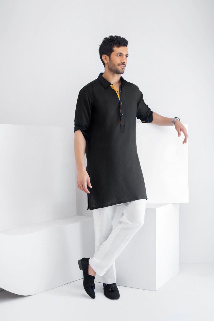 Black Linen Kurta with Contrast Placket (2-Piece) - Image 1
