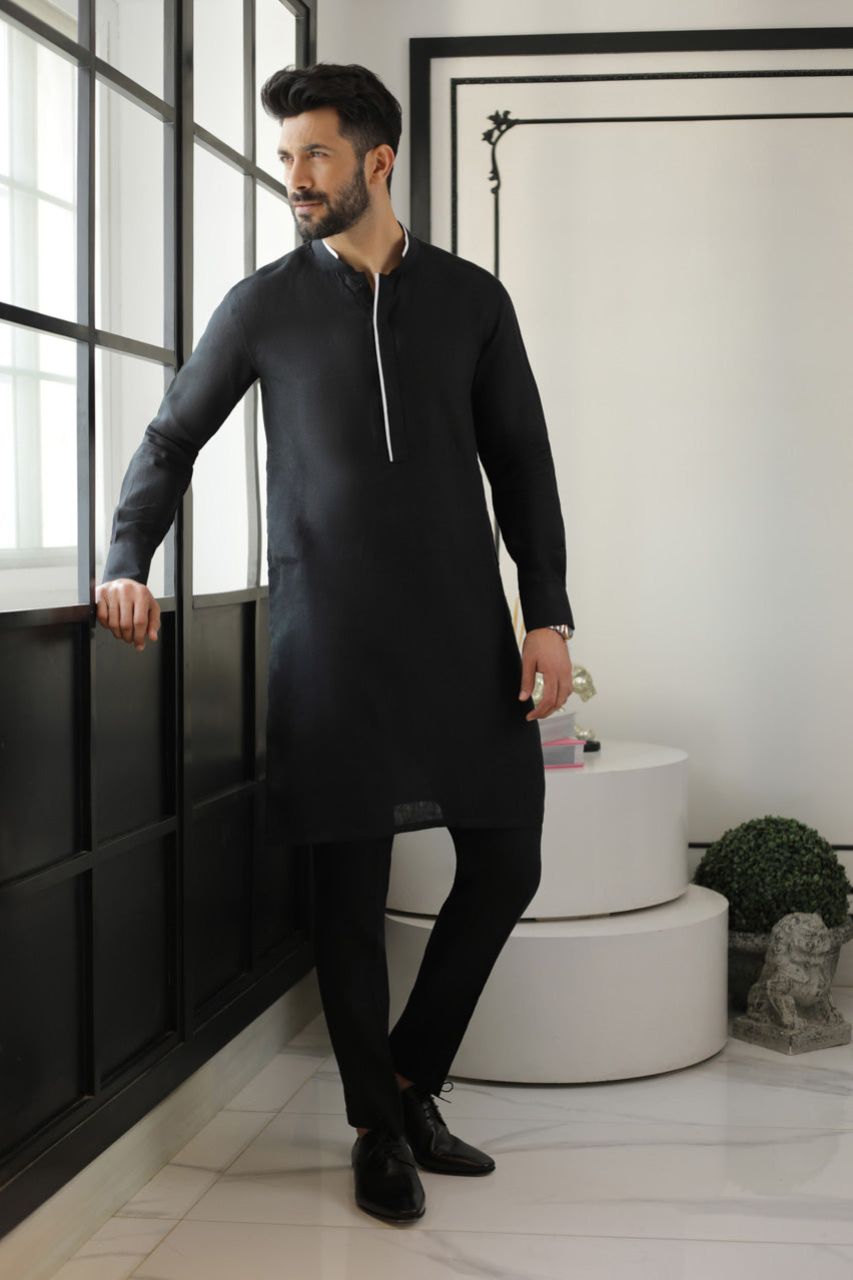 Black Linen Kurta Pajama with White Piping (2-Piece) - Image 1
