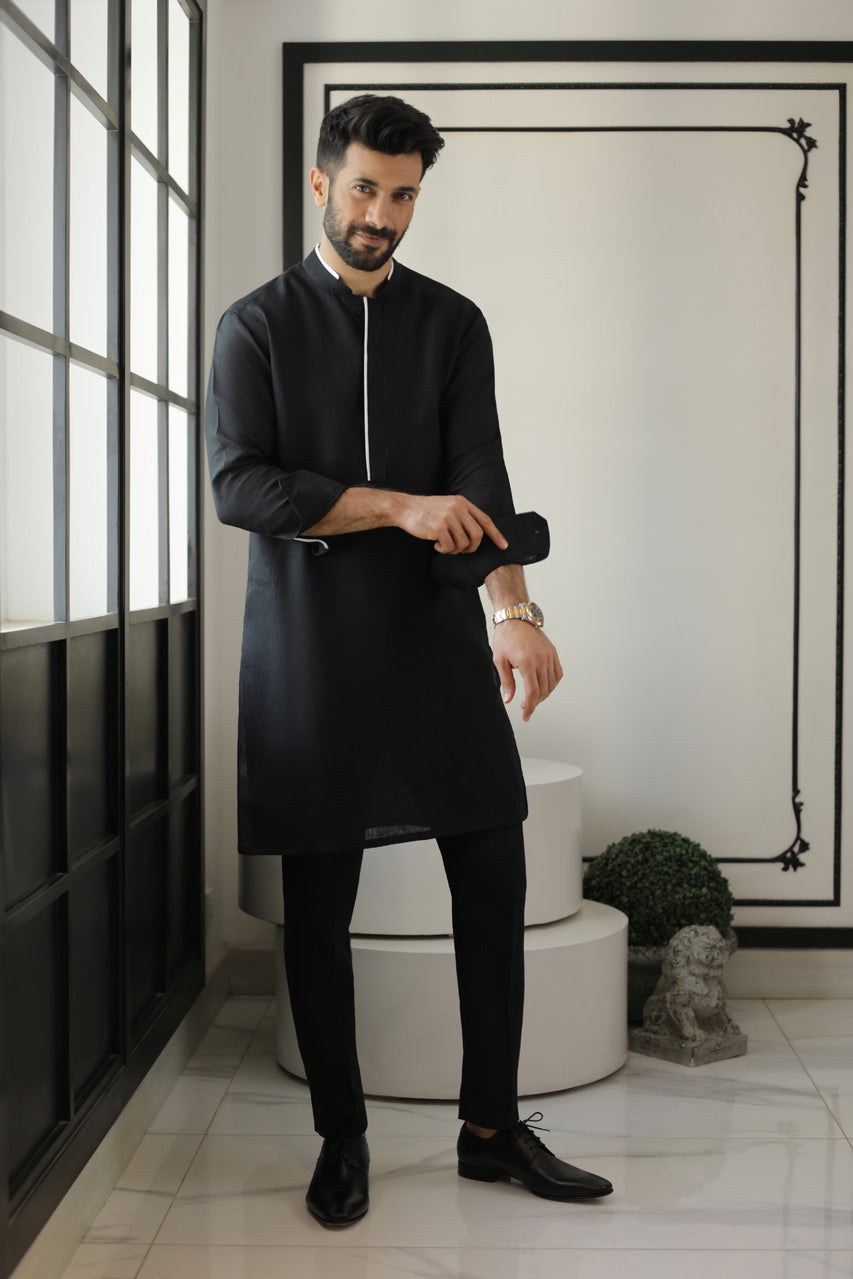 Black Linen Kurta Pajama with White Piping (2-Piece) - Image 2