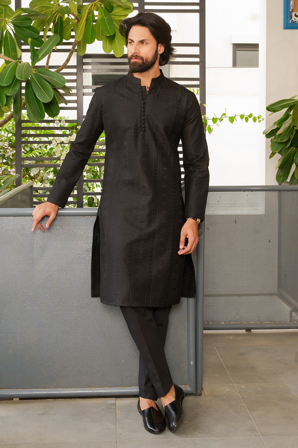 Black Self-Woven Masoori Kurta Pajama (2-Piece) - Image 1