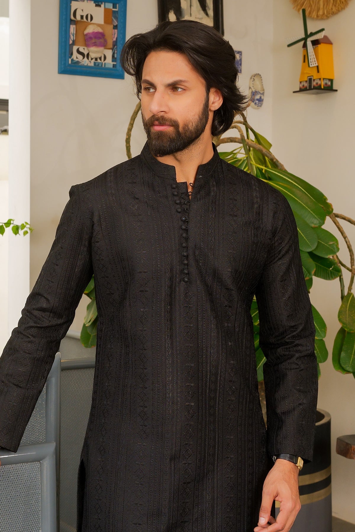 Black Self-Woven Masoori Kurta Pajama (2-Piece) - Image 2