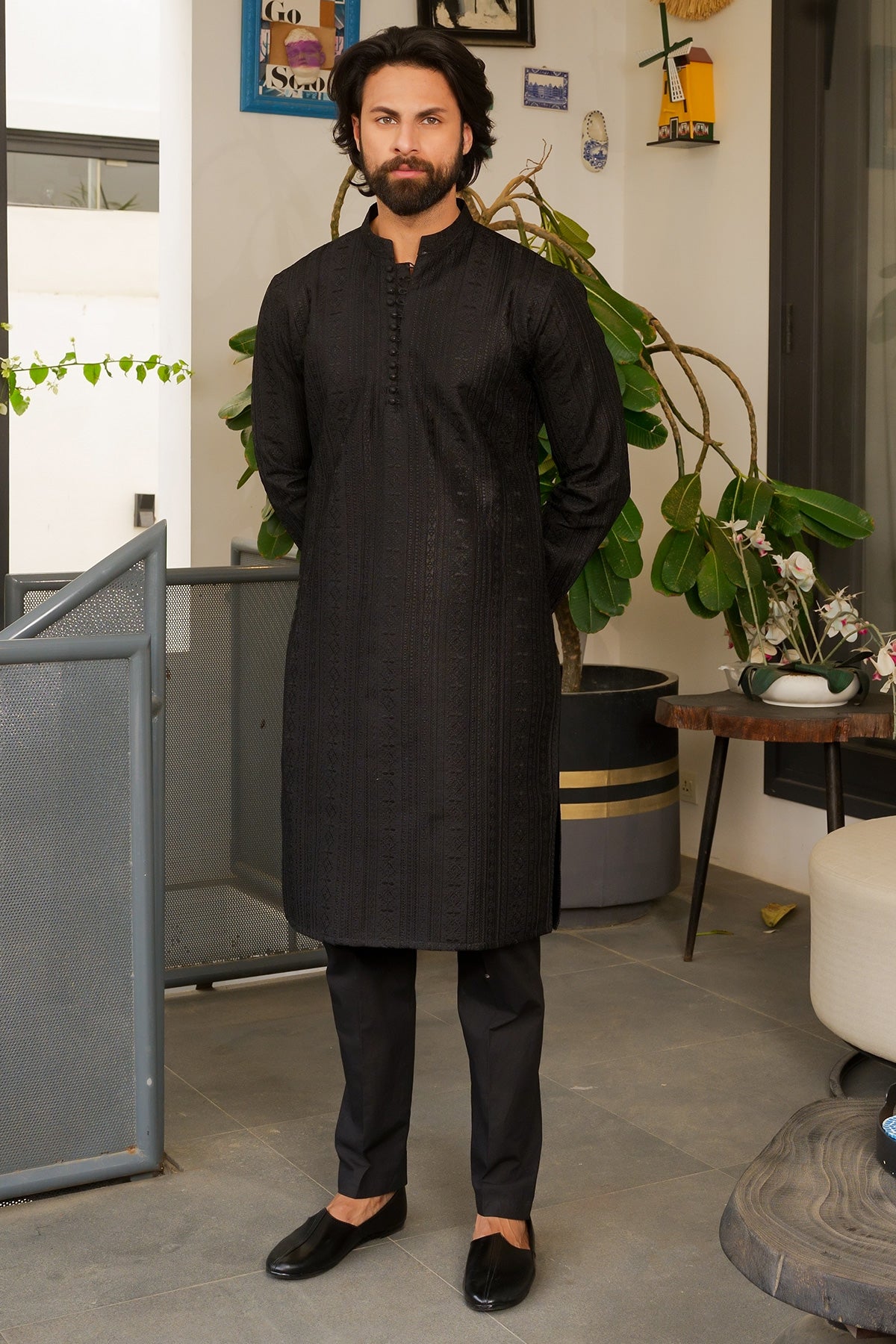 Black Self-Woven Masoori Kurta Pajama (2-Piece) - Image 3