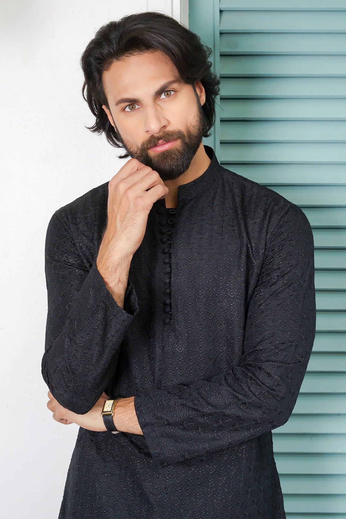 Black Self-Woven Masoori Kurta Pajama (2-Piece) - Image 2