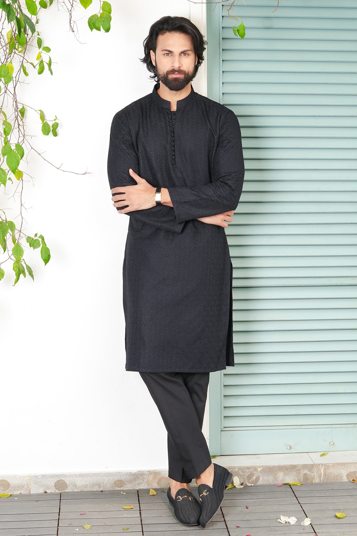 Black Self-Woven Masoori Kurta Pajama (2-Piece) - Image 3