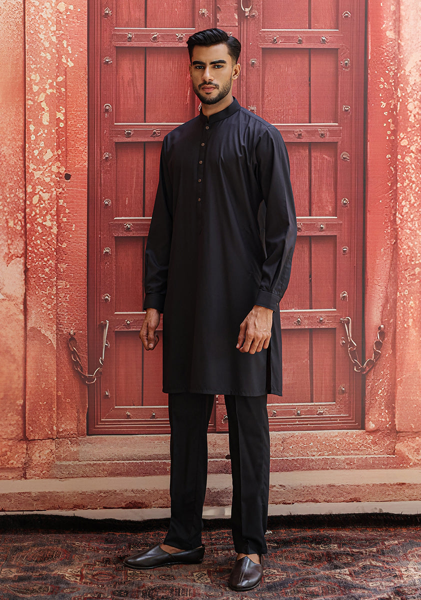 Black Poly Viscose Slim Fit Kurta Pajama (2-Piece) - Image 1