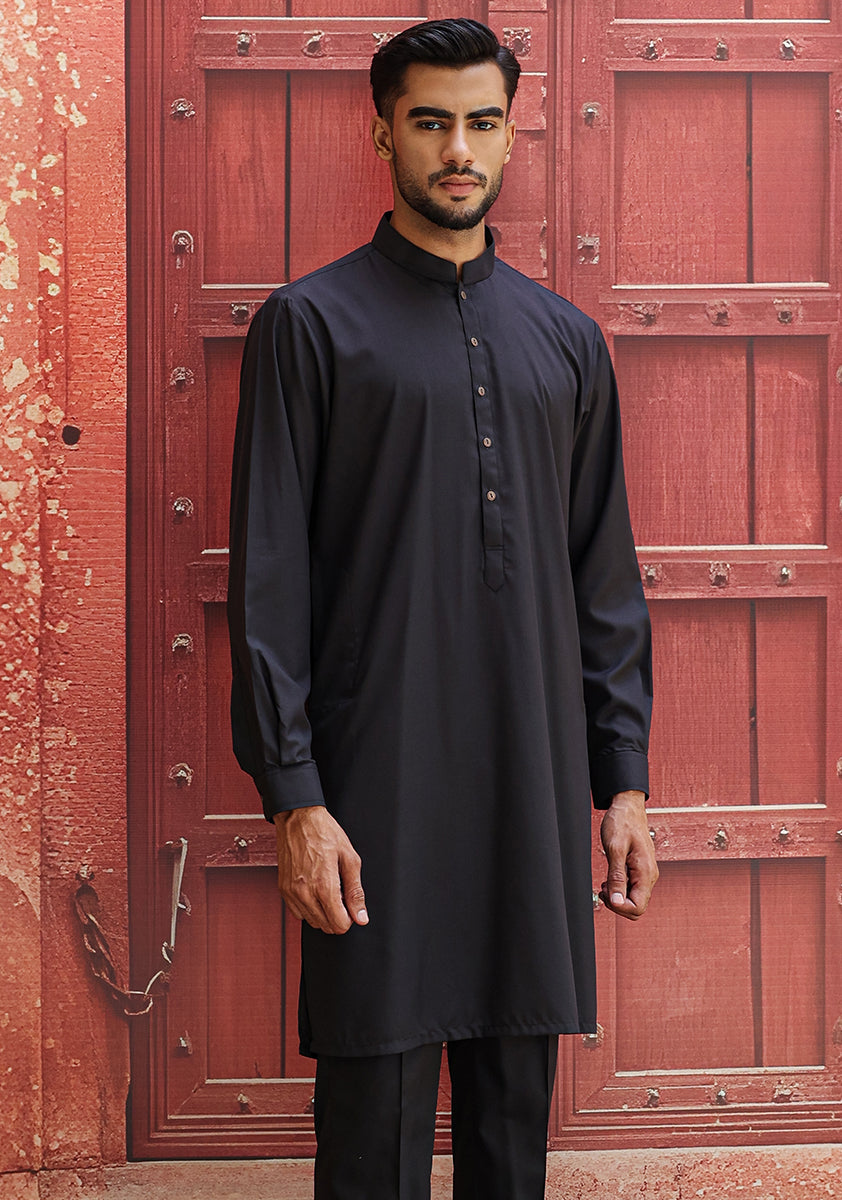 Black Poly Viscose Slim Fit Kurta Pajama (2-Piece) - Image 2