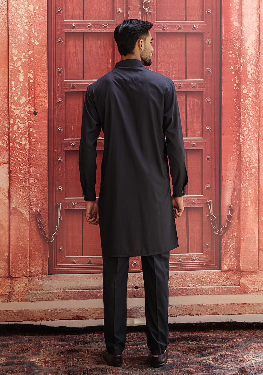 Black Poly Viscose Slim Fit Kurta Pajama (2-Piece) - Image 3