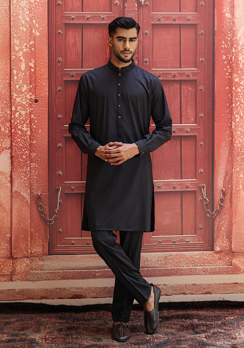 Black Poly Viscose Slim Fit Kurta Pajama (2-Piece) - Image 4