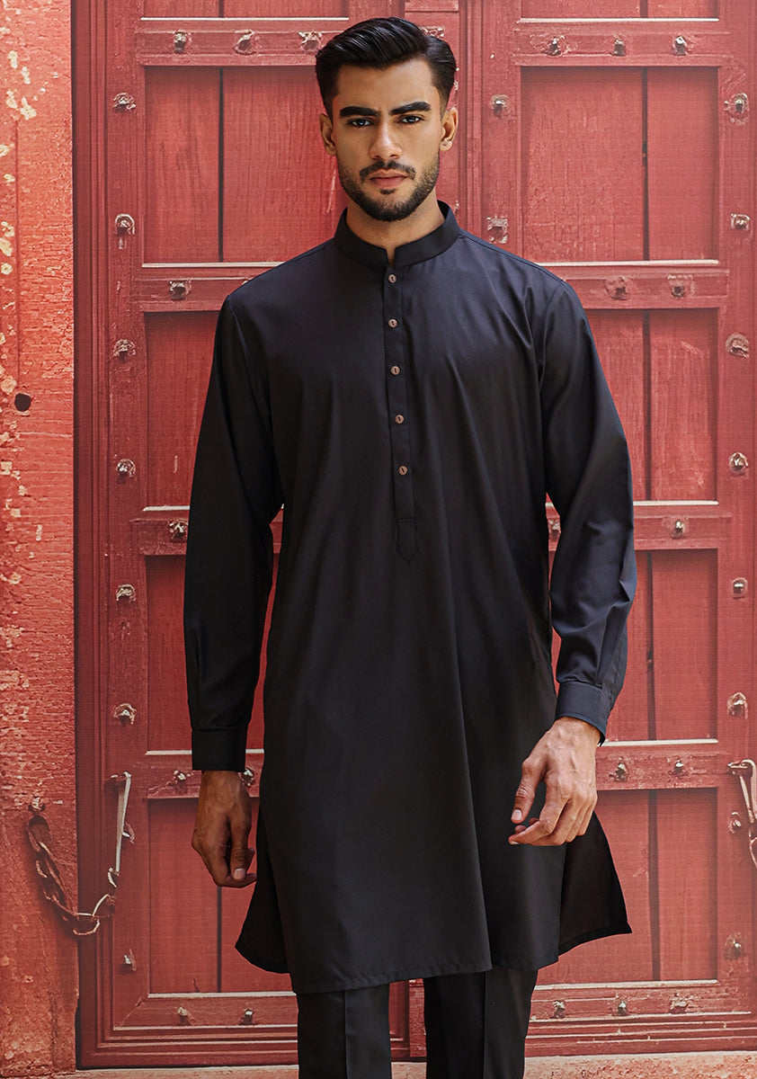 Black Poly Viscose Slim Fit Kurta Pajama (2-Piece) - Image 5