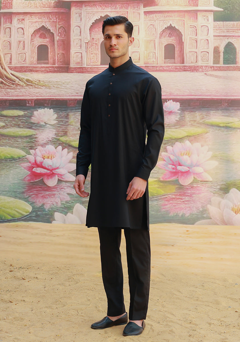 Black Poly Viscose Slim Fit Kurta Pajama (2-Piece) - Image 1