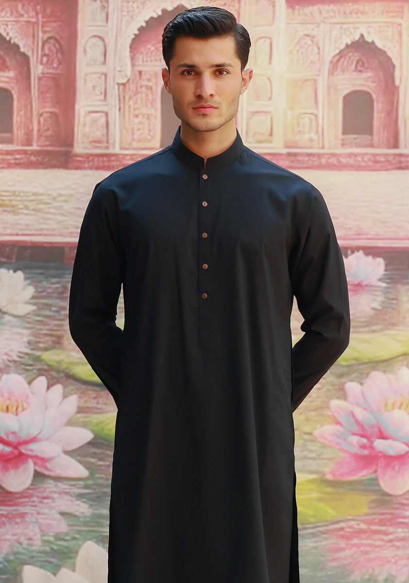 Black Poly Viscose Slim Fit Kurta Pajama (2-Piece) - Image 2