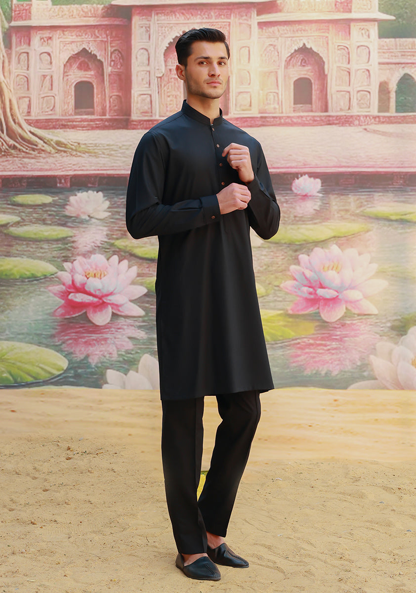 Black Poly Viscose Slim Fit Kurta Pajama (2-Piece) - Image 3