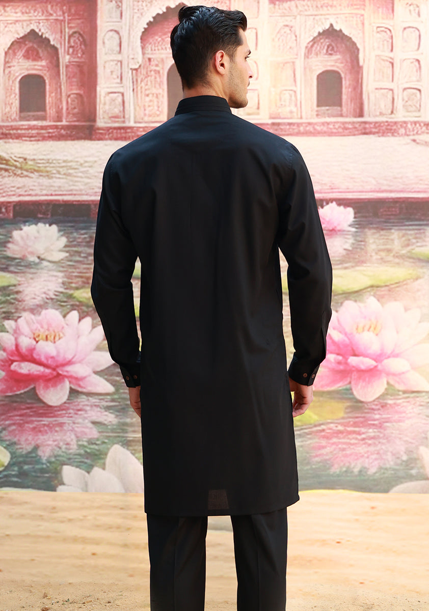 Black Poly Viscose Slim Fit Kurta Pajama (2-Piece) - Image 4