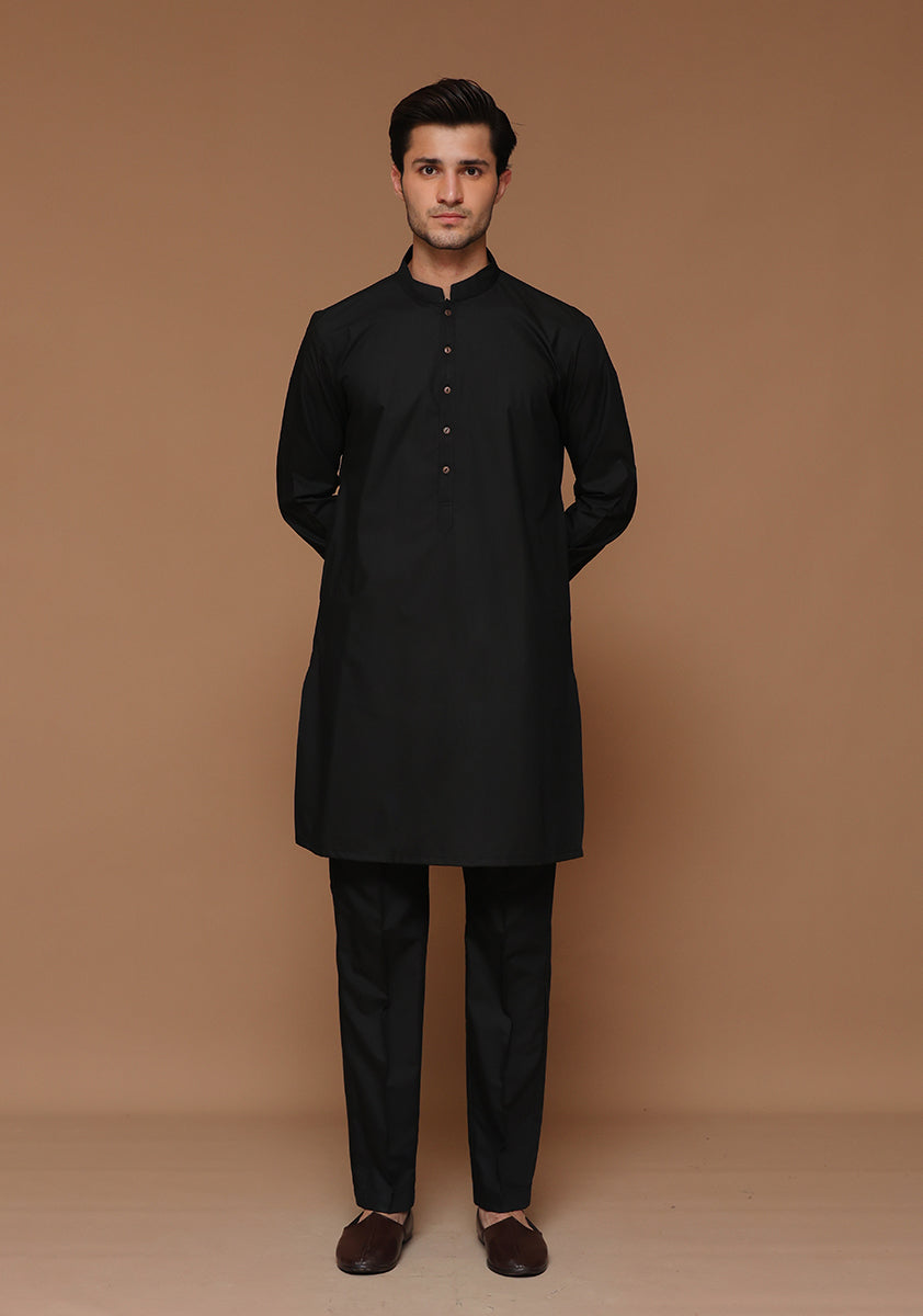 Black Poly Viscose Slim Fit Kurta Pajama (2-Piece) - Image 1