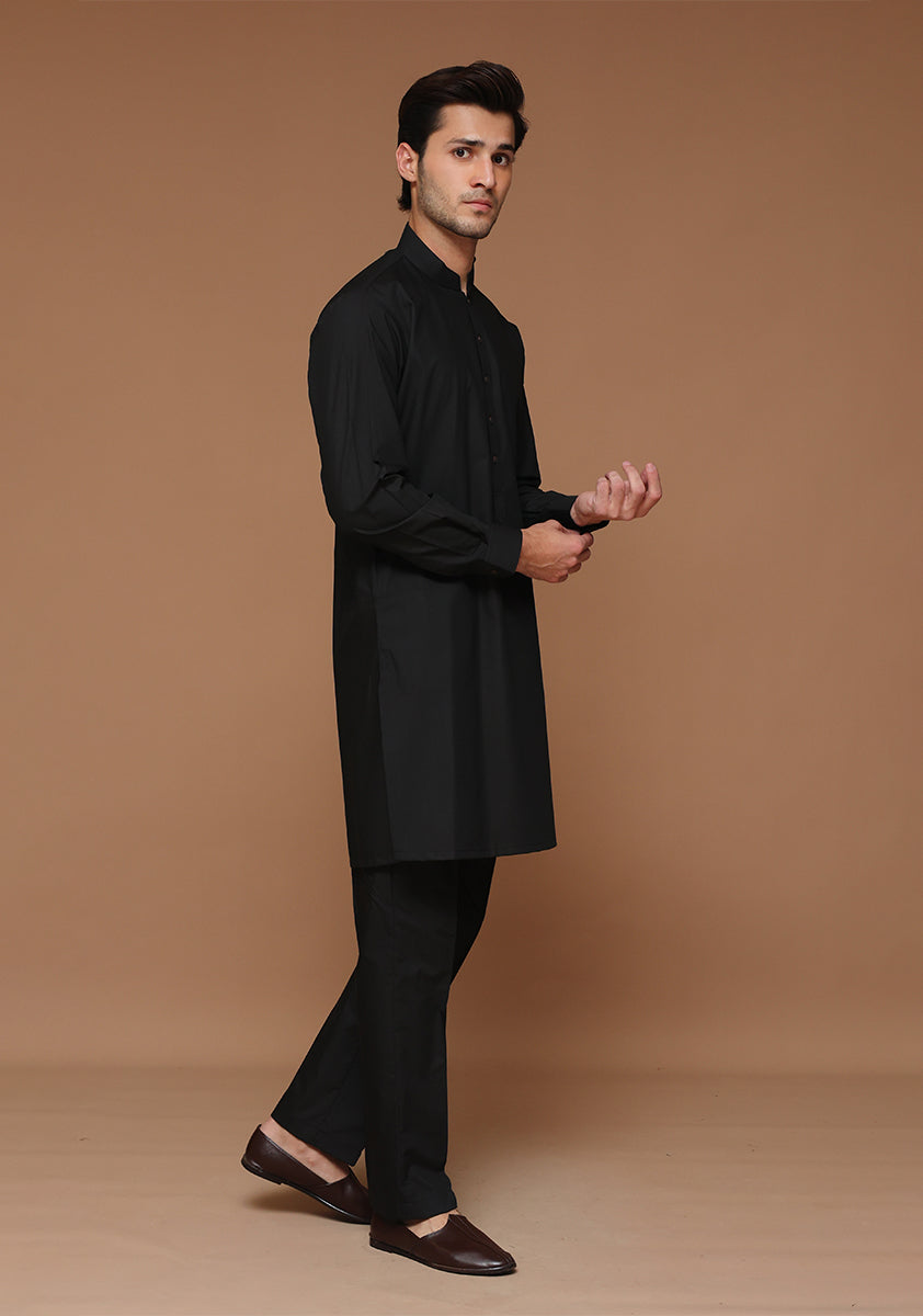 Black Poly Viscose Slim Fit Kurta Pajama (2-Piece) - Image 2