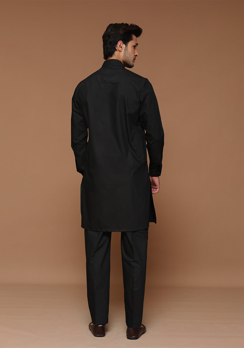 Black Poly Viscose Slim Fit Kurta Pajama (2-Piece) - Image 3