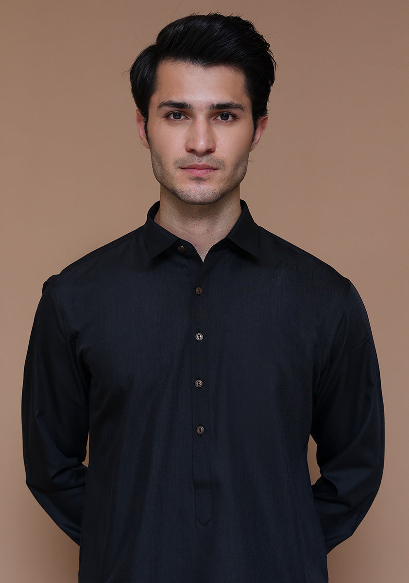 Black Poly Viscose Slim Fit Kurta Pajama (2-Piece) - Image 2
