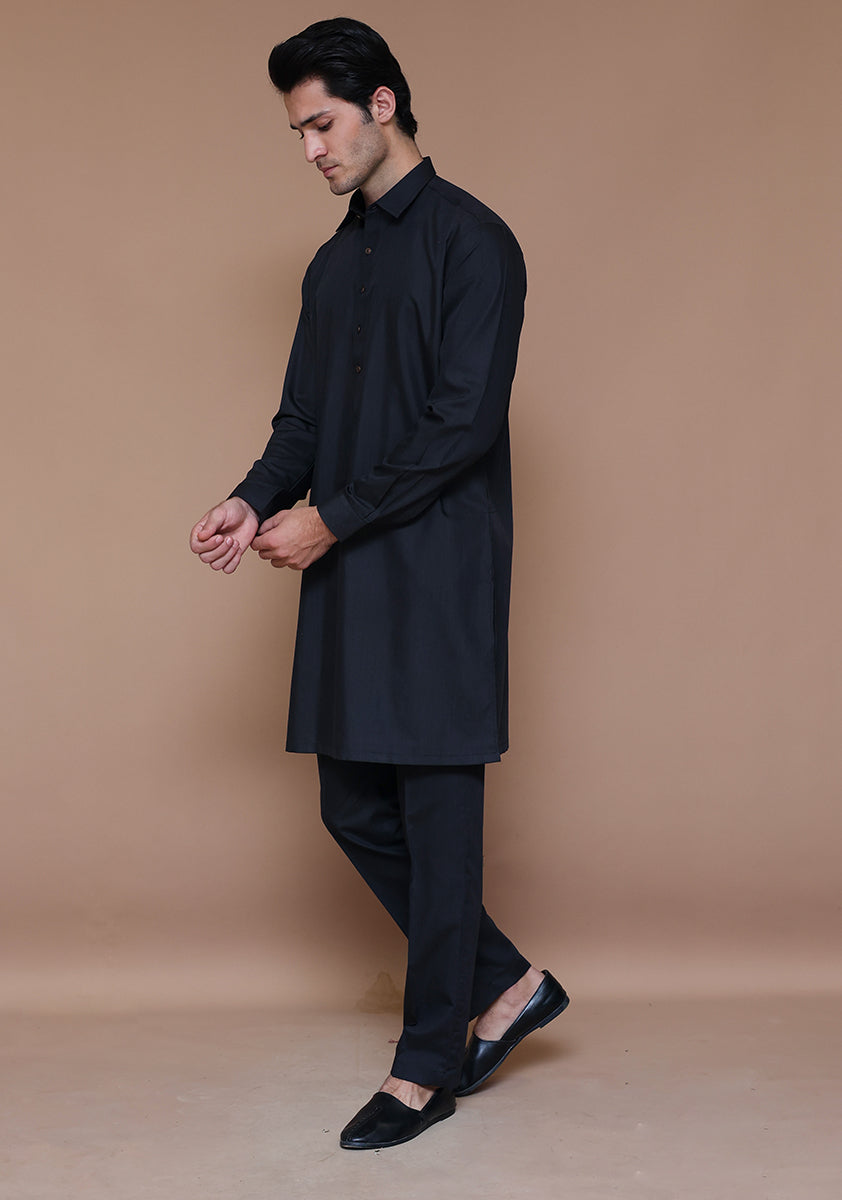 Black Poly Viscose Slim Fit Kurta Pajama (2-Piece) - Image 3