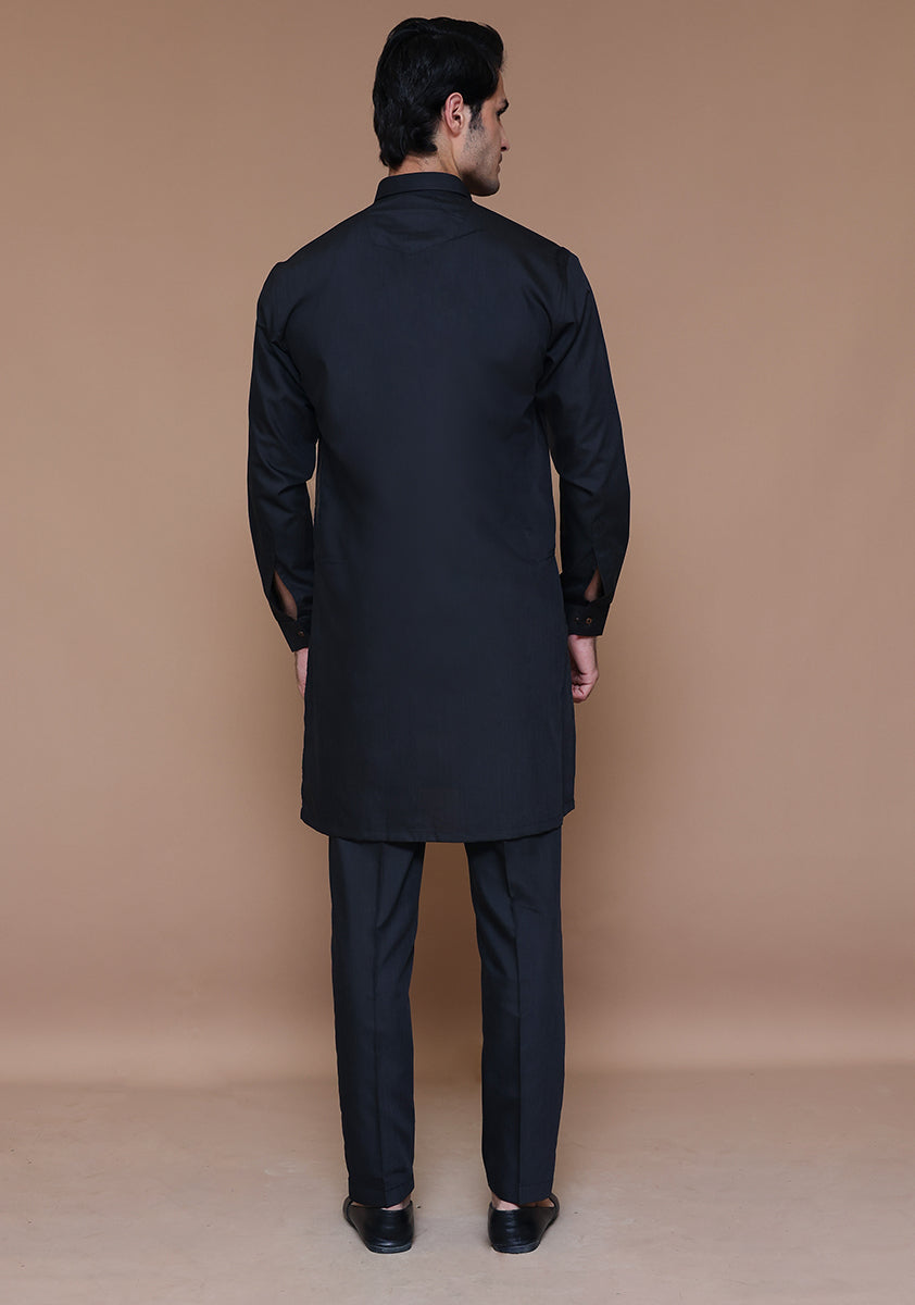 Black Poly Viscose Slim Fit Kurta Pajama (2-Piece) - Image 4