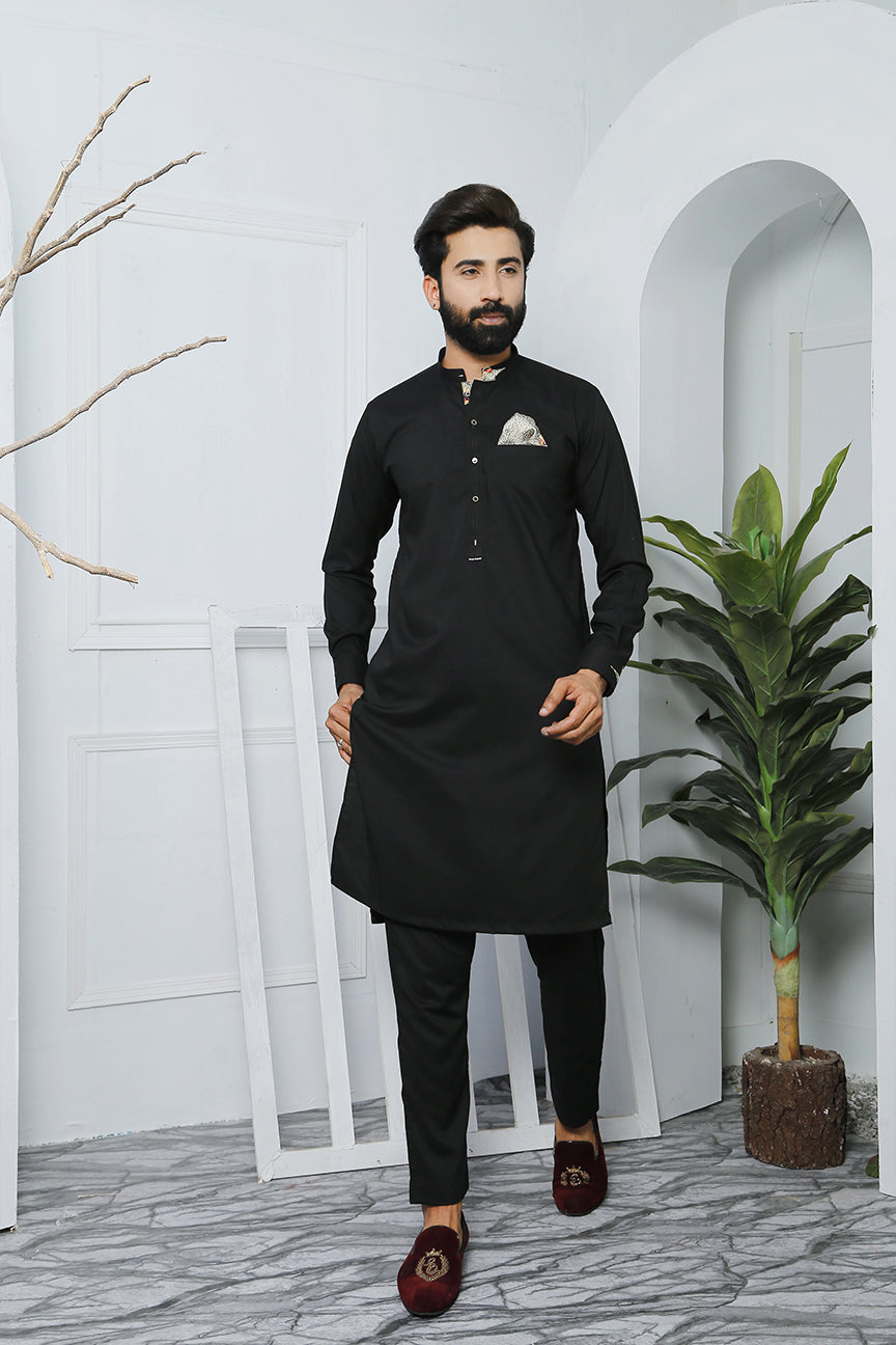 Black Embellished Poly Viscose Kurta Pajama (2-Piece) - Image 1