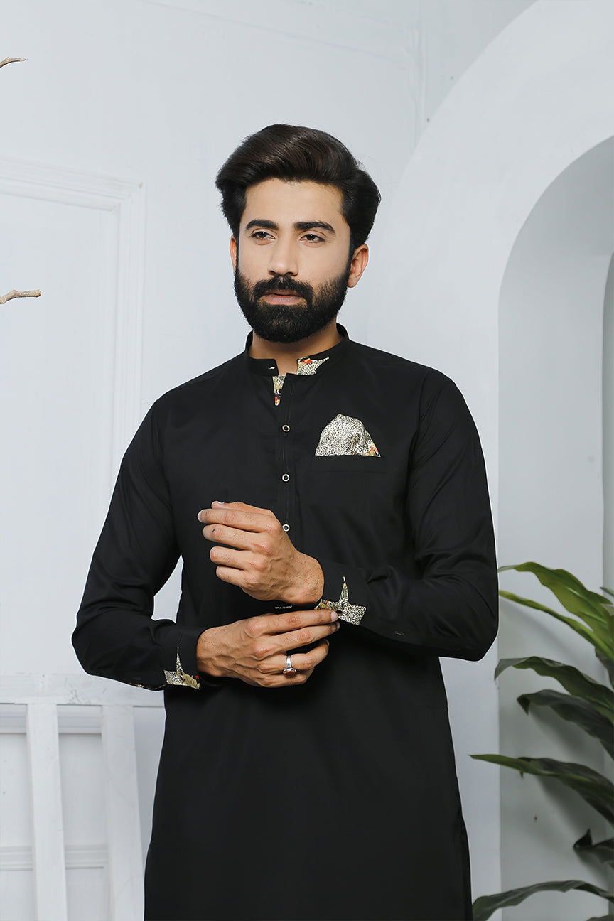 Black Embellished Poly Viscose Kurta Pajama (2-Piece) - Image 3