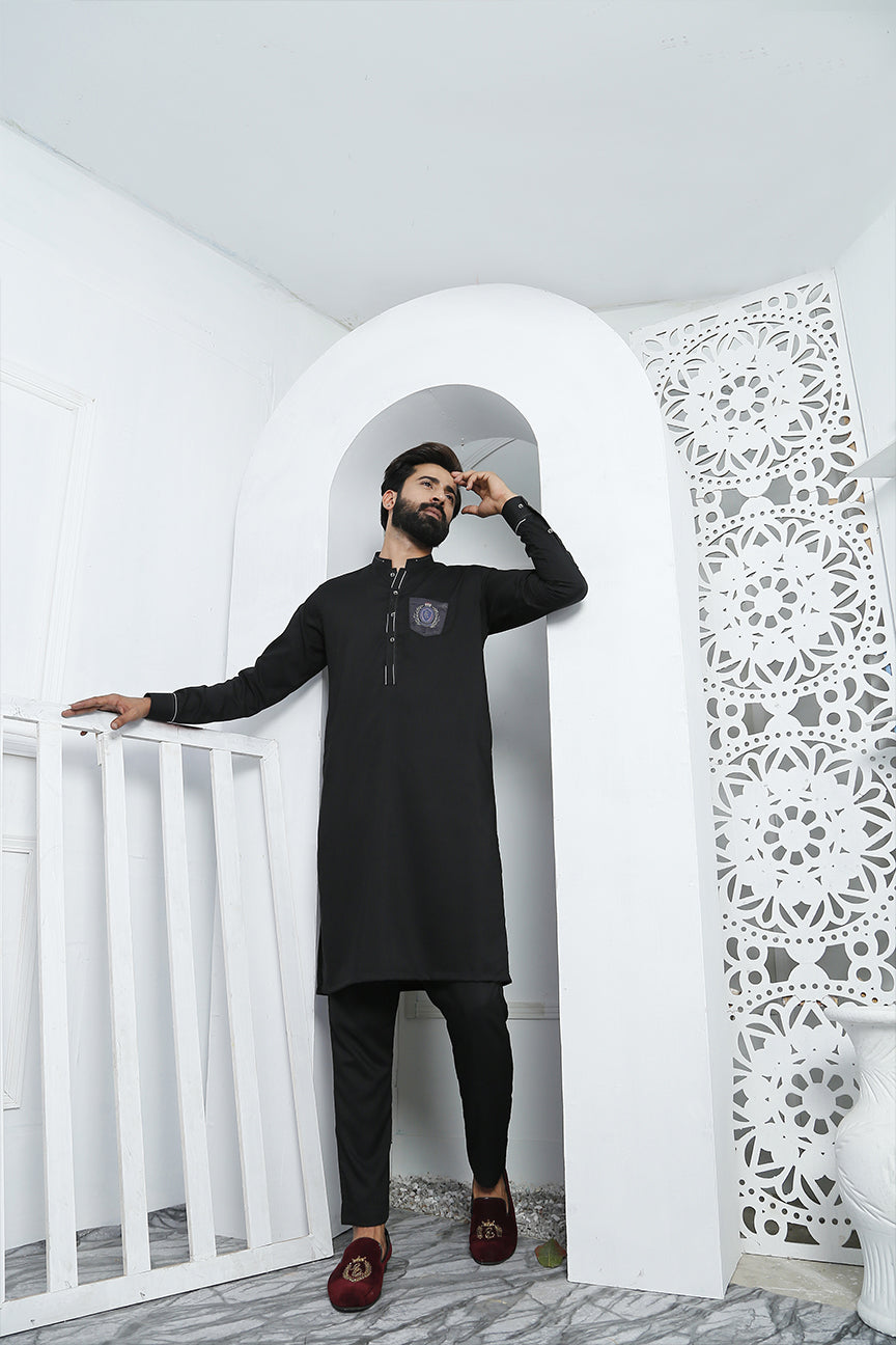 Black Embellished Poly Viscose Kurta Pajama (2-Piece) - Image 2