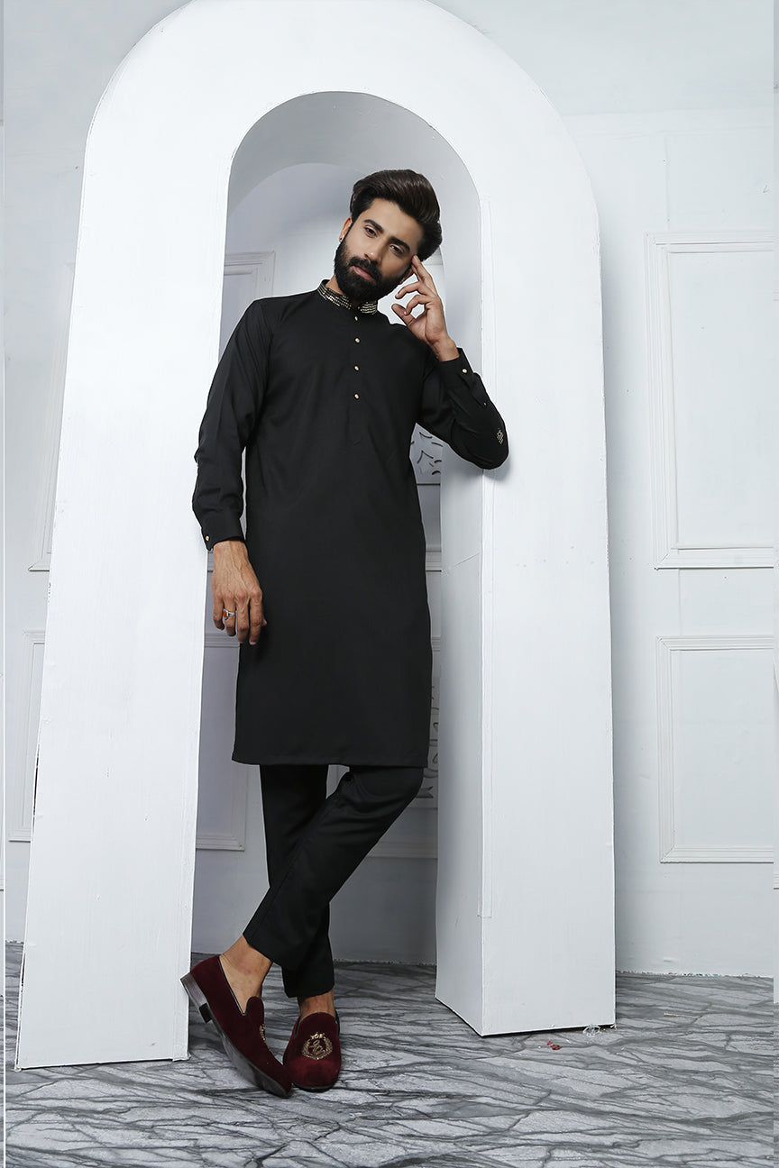 Black Embellished Poly Viscose Kurta Pajama (2-Piece) - Image 1
