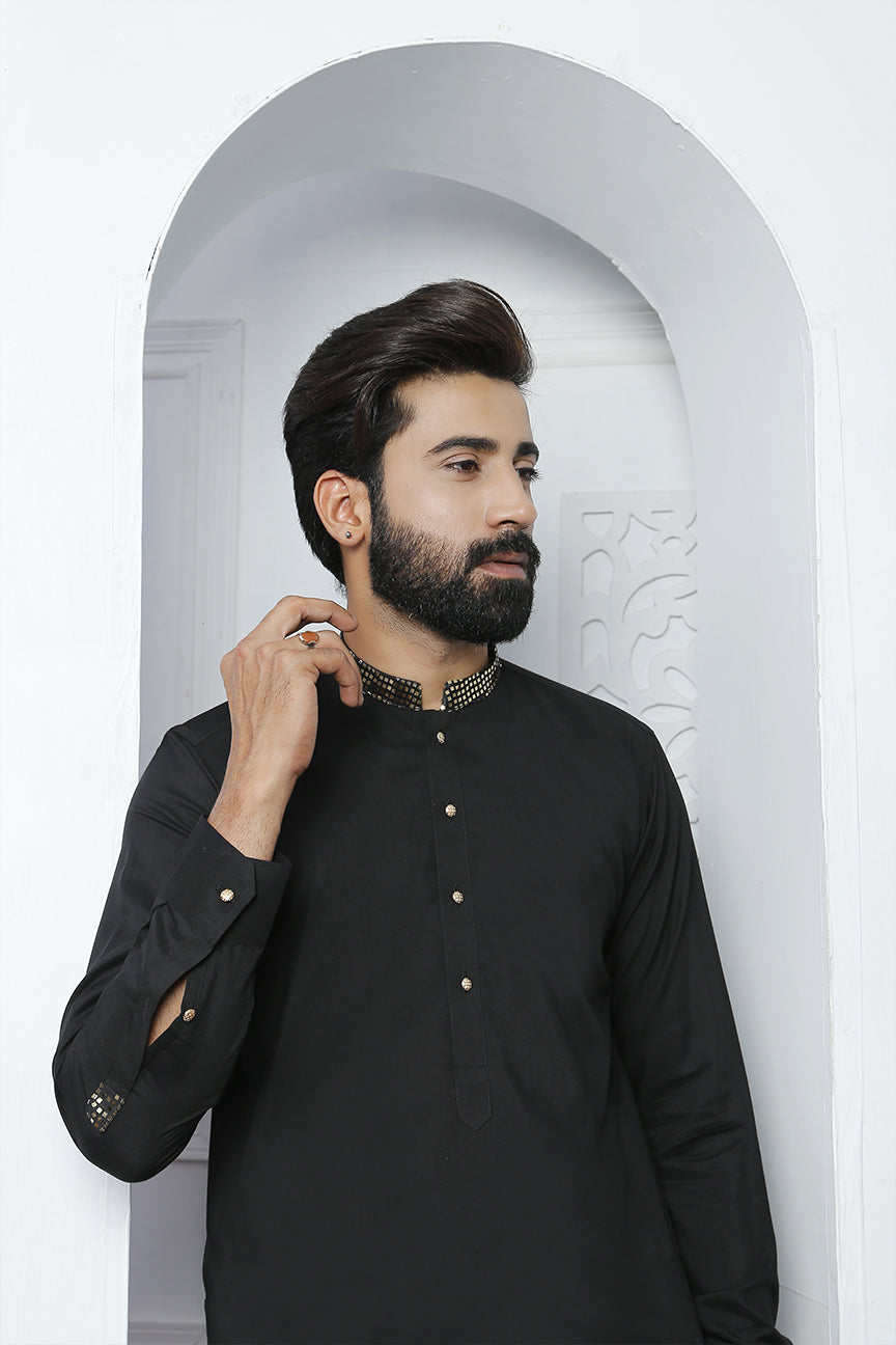 Black Embellished Poly Viscose Kurta Pajama (2-Piece) - Image 3