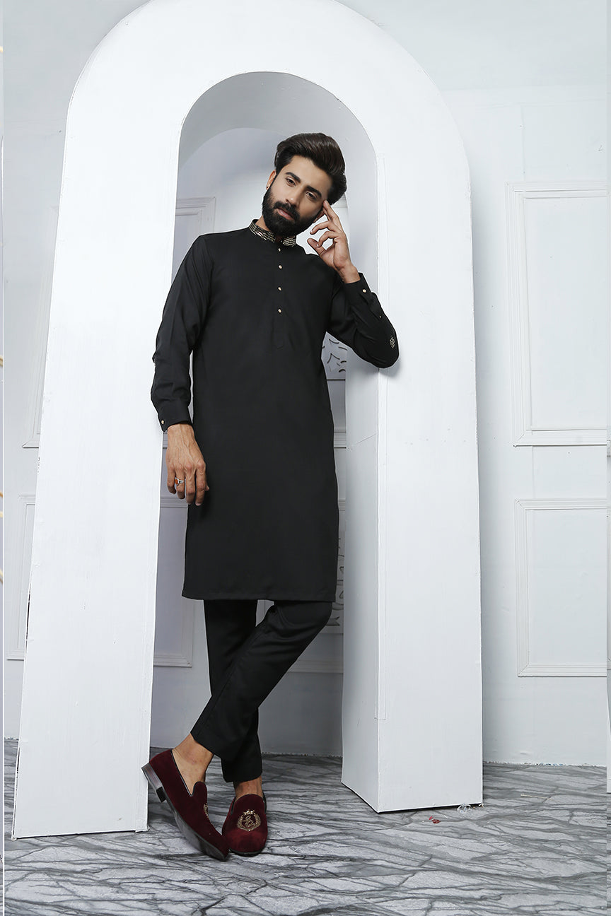 Black Embellished Poly Viscose Kurta Pajama (2-Piece) - Image 4