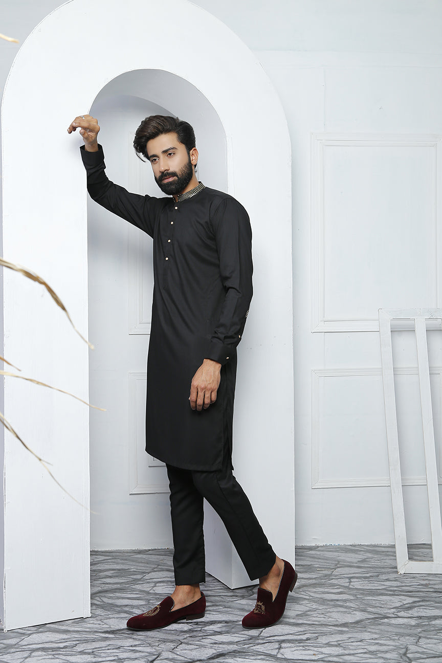 Black Embellished Poly Viscose Kurta Pajama (2-Piece) - Image 5
