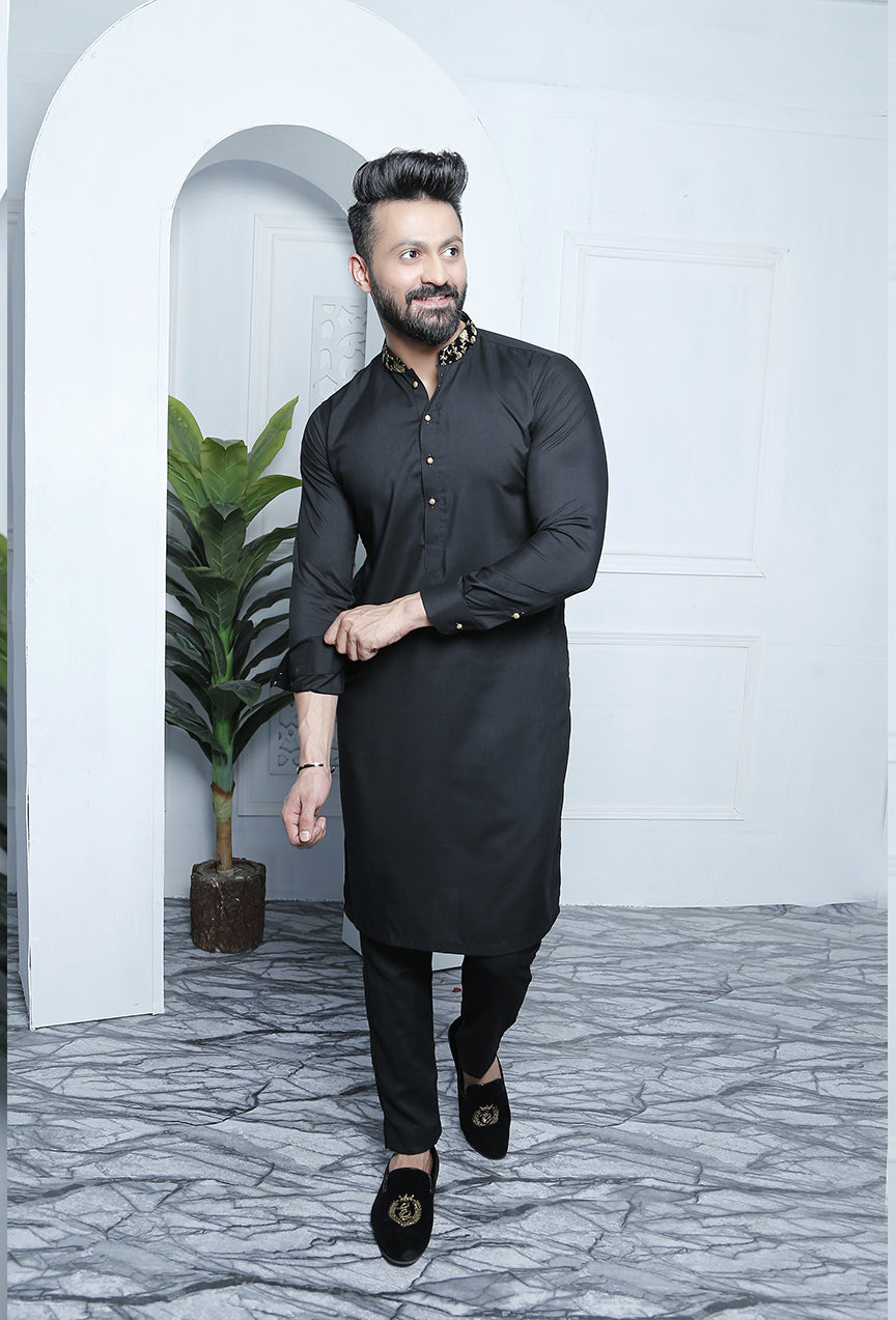 Black Embroidered Poly Viscose Kurta Pajama (2-Piece) - Image 1