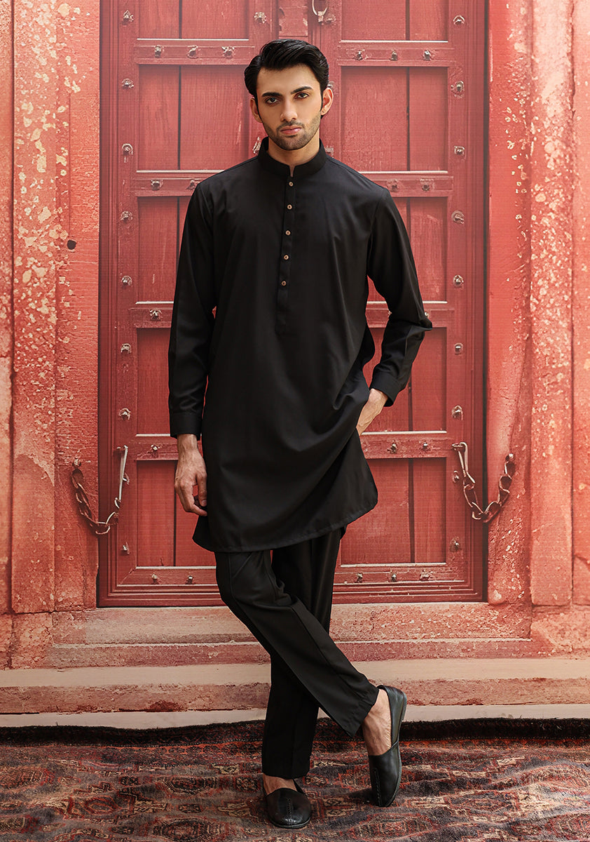 Black Poly Viscose Slim Fit Kurta Pajama (2-Piece) - Image 1