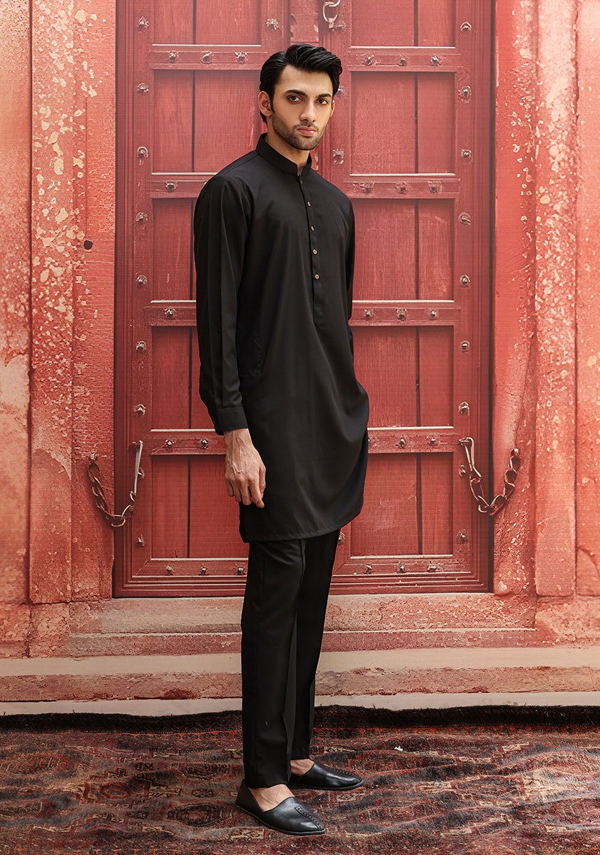 Black Poly Viscose Slim Fit Kurta Pajama (2-Piece) - Image 2