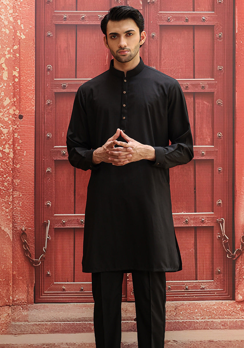 Black Poly Viscose Slim Fit Kurta Pajama (2-Piece) - Image 4