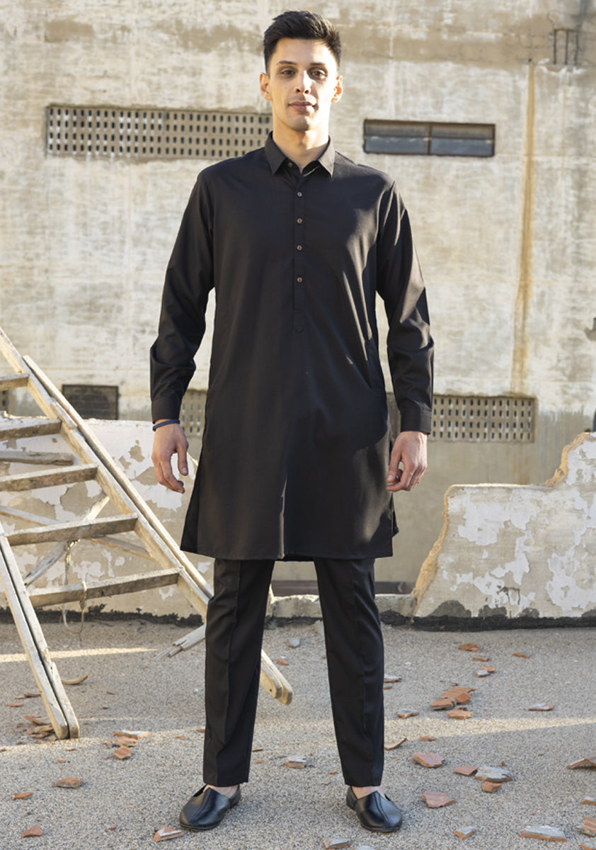 Caviar Black Poly Viscose Kurta Pajama (2-Piece) - Image 1