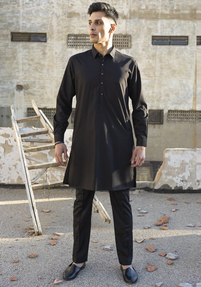 Caviar Black Poly Viscose Kurta Pajama (2-Piece) - Image 2