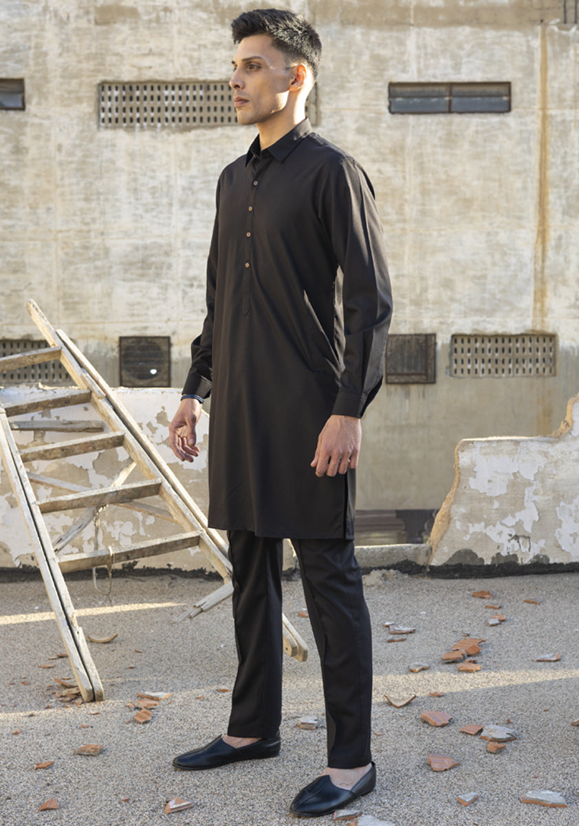 Caviar Black Poly Viscose Kurta Pajama (2-Piece) - Image 3