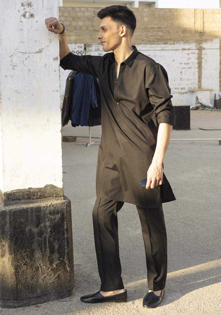 Caviar Black Poly Viscose Kurta Pajama (2-Piece) - Image 5