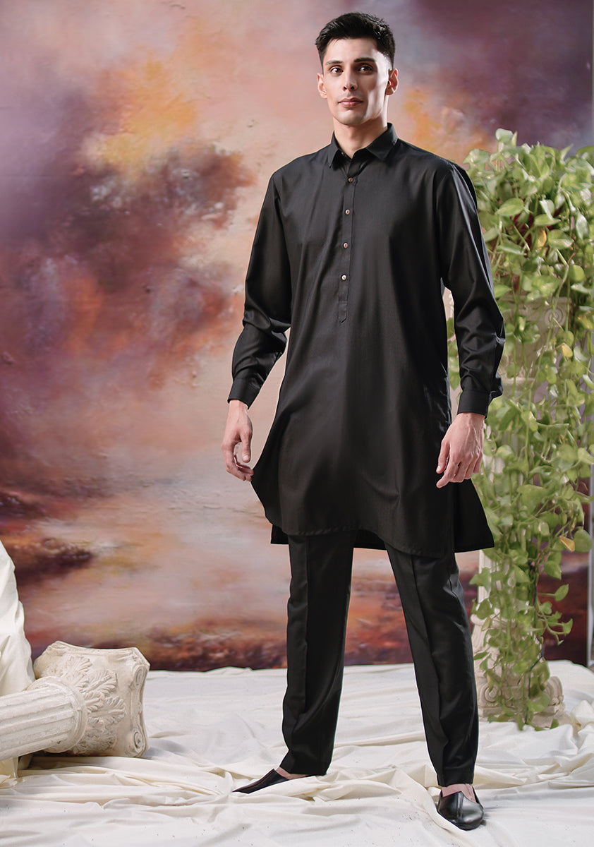 Black Poly Viscose Slim Fit Kurta Pajama (2-Piece) - Image 2