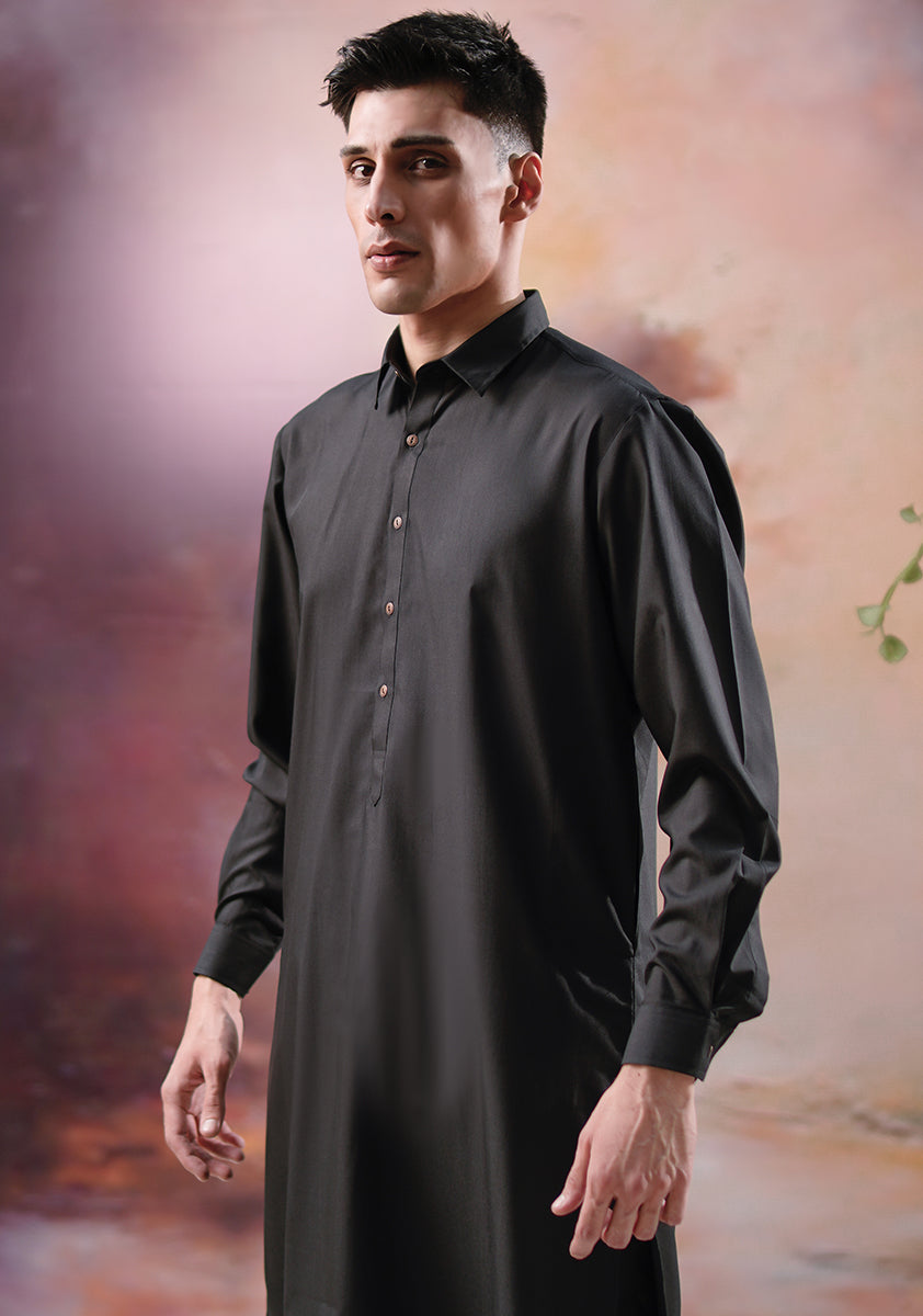 Black Poly Viscose Slim Fit Kurta Pajama (2-Piece) - Image 3