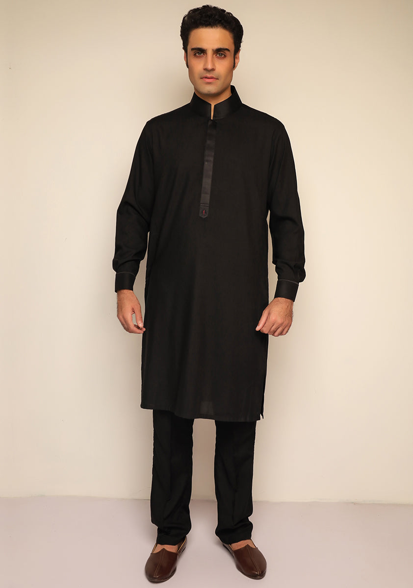 Black Poly Viscose Classic Fit Kurta Pajama (2-Piece) - Image 1