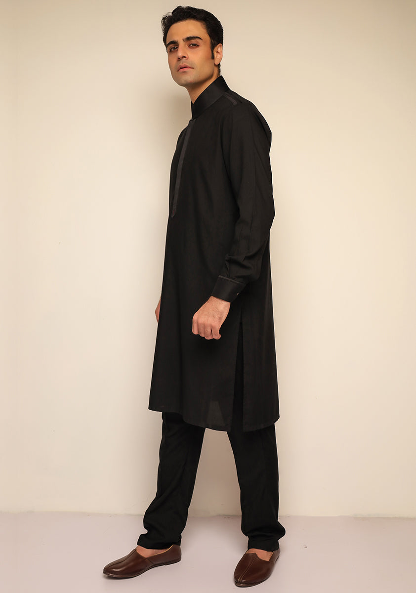 Black Poly Viscose Classic Fit Kurta Pajama (2-Piece) - Image 2