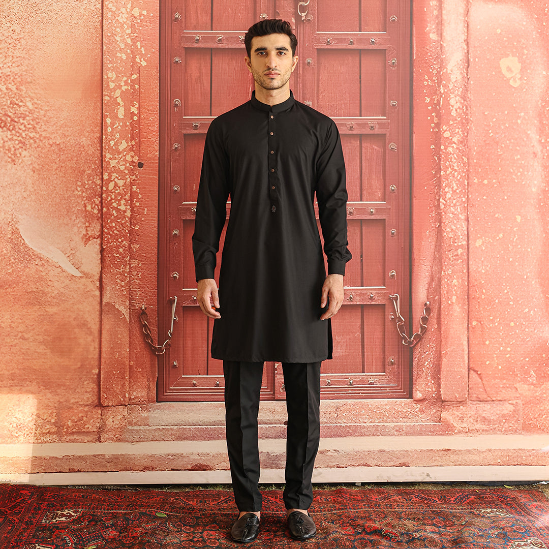 Black Poly Viscose Slim Fit Kurta Pajama (2-Piece) - Image 1