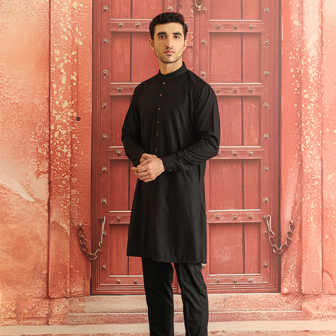 Black Poly Viscose Slim Fit Kurta Pajama (2-Piece) - Image 2