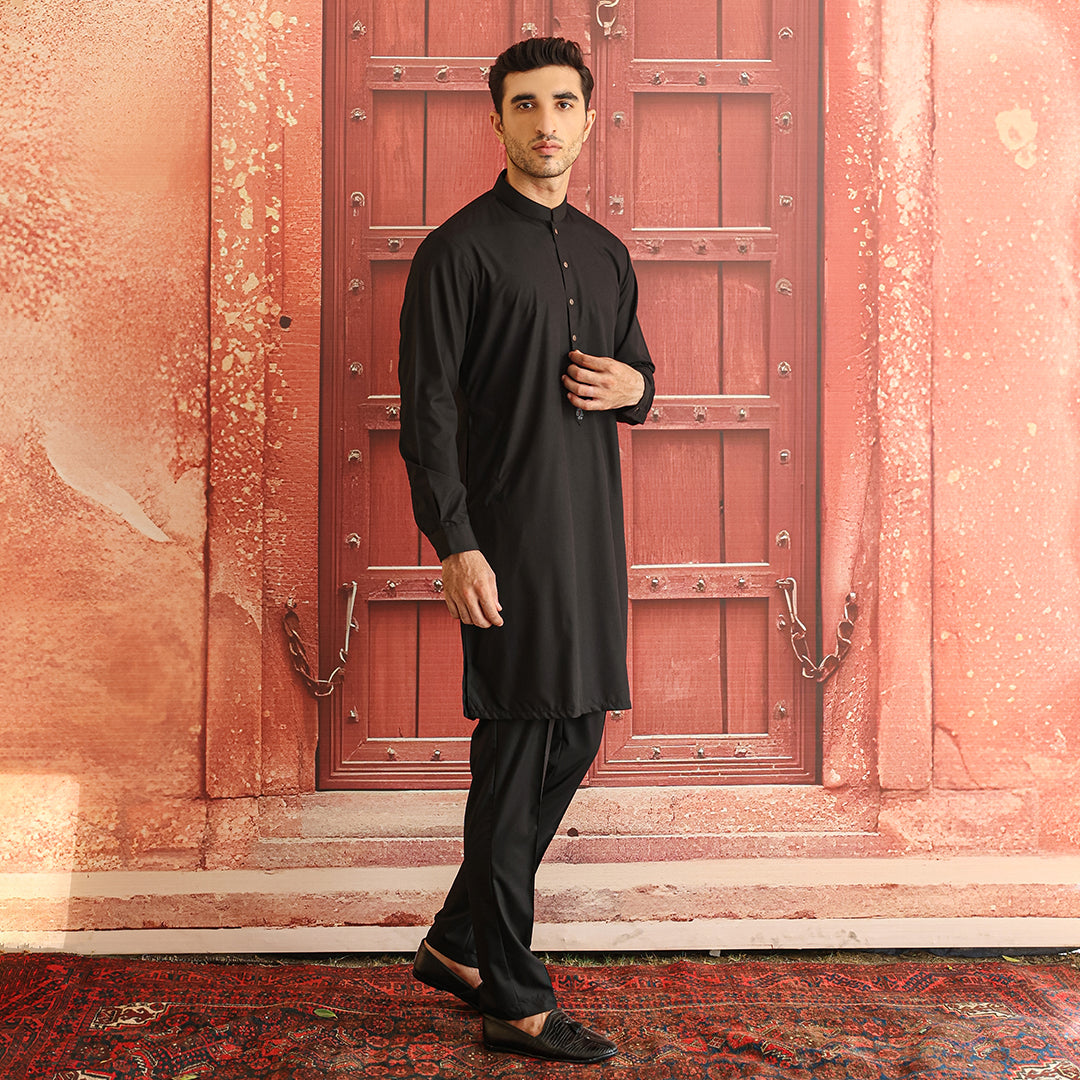 Black Poly Viscose Slim Fit Kurta Pajama (2-Piece) - Image 3